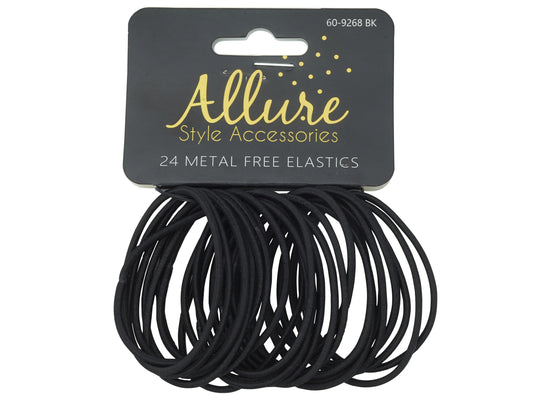 Allure Metal Free Black Ponytail Holders, Thin, 24-Pack