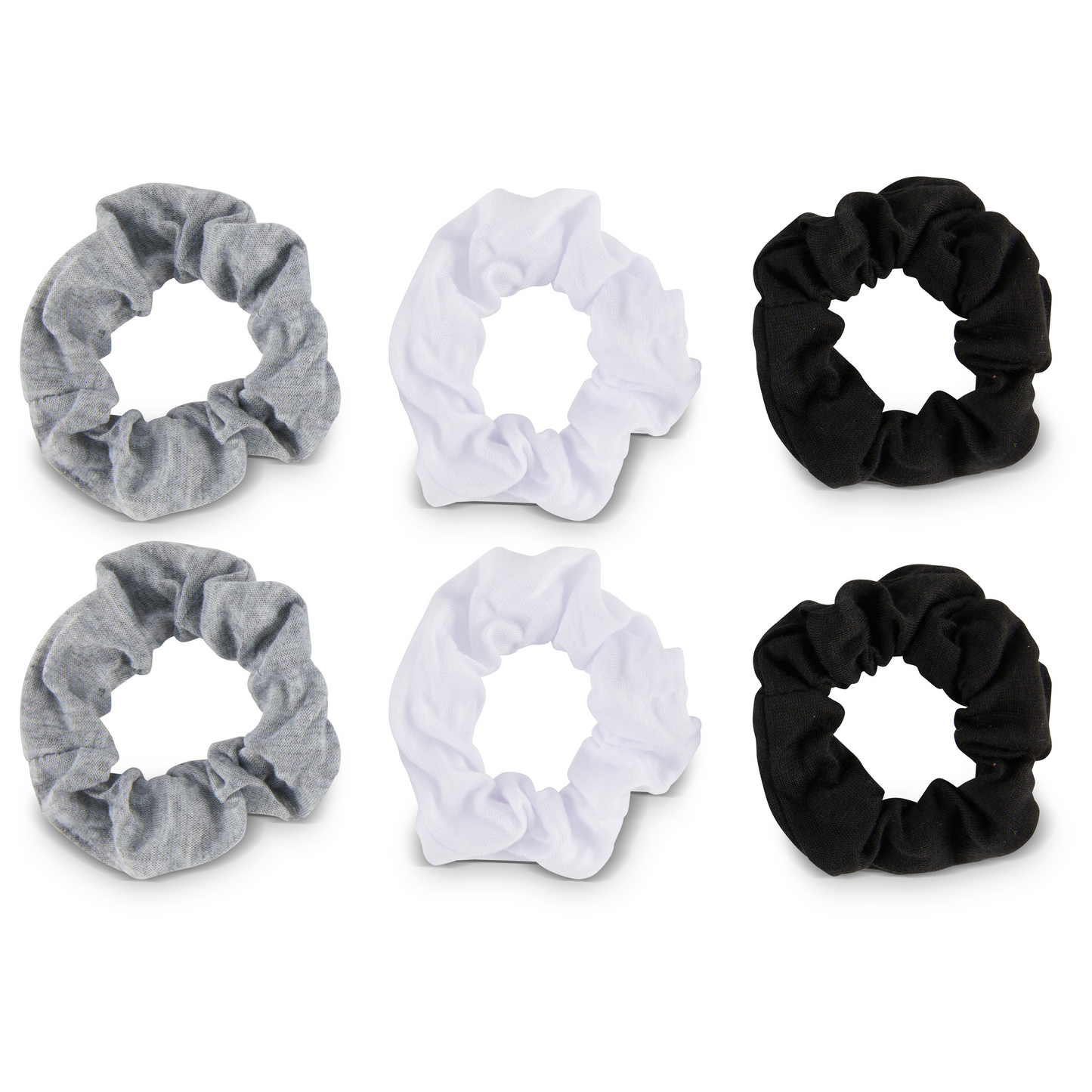 Allure Cotton Scrunchies, 6-Pack, Black, White & Grey