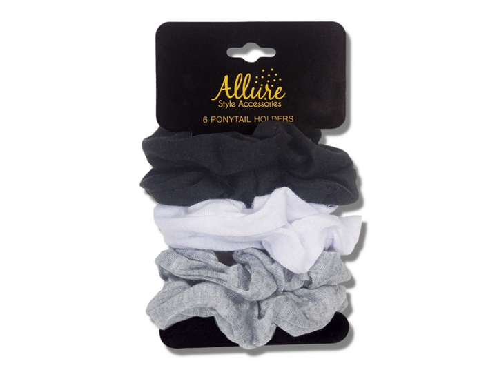 Allure Cotton Scrunchies, 6-Pack, Black, White & Grey
