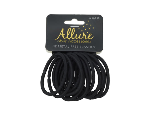 Allure Metal Free Black Ponytail Holders, Thick, 12-Pack